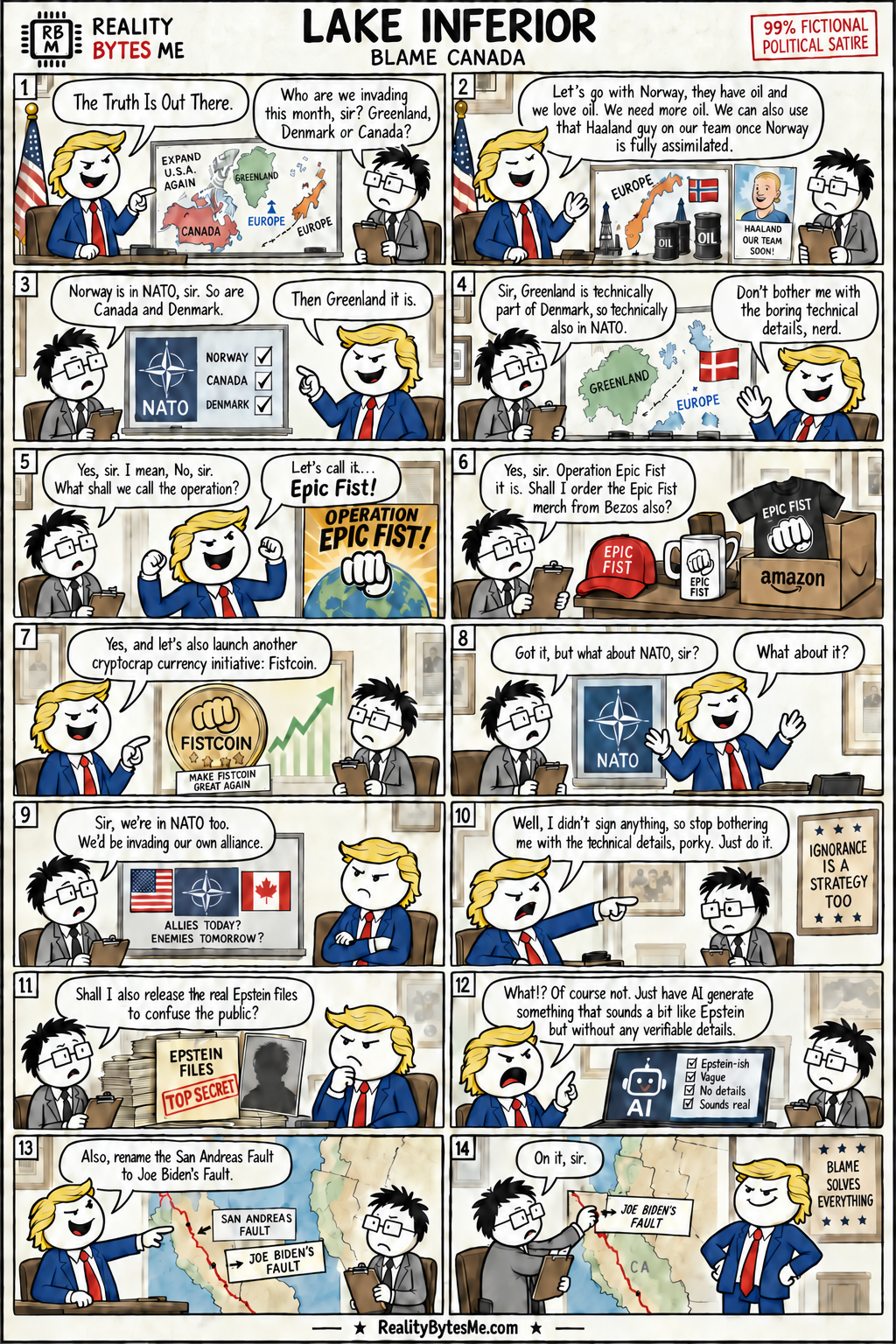 Fourteen-panel RBM political satire featuring President Evil with wavy yellow hair and his bespectacled aide Gimp. They discuss invasion targets, NATO, Epic Fist merchandise, Fistcoin, fabricated distractions, and renaming the San Andreas Fault to Joe Biden’s Fault.