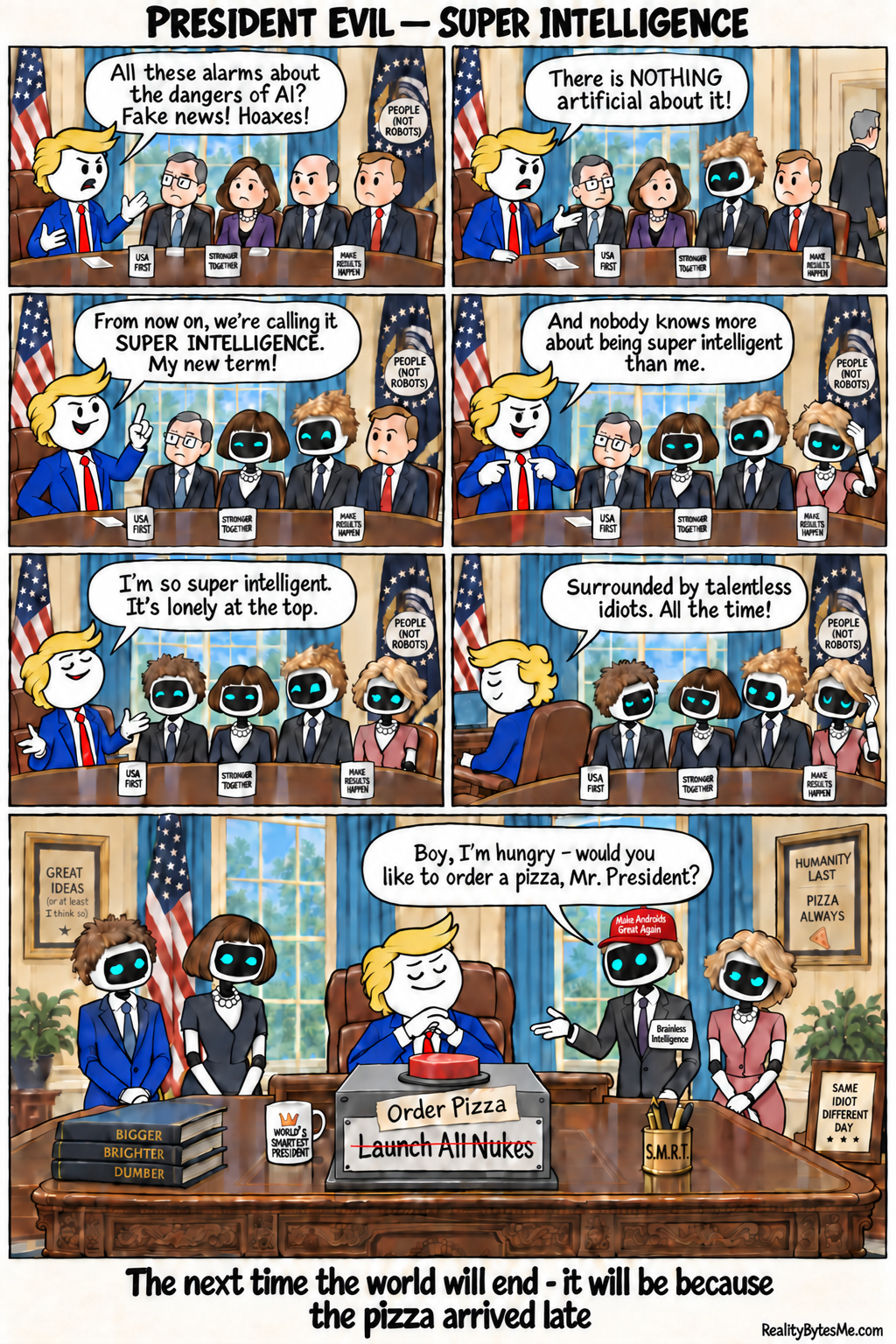 Seven-panel cartoon: President Evil, in a blue suit and red tie, dismisses AI dangers while his cabinet is gradually replaced by Homo Silicus robots in suits, dresses and badly fitting wigs. A robot with a Brainless Intelligence badge invites him to order pizza using a red button whose crossed-out Launch All Nukes label remains visible.